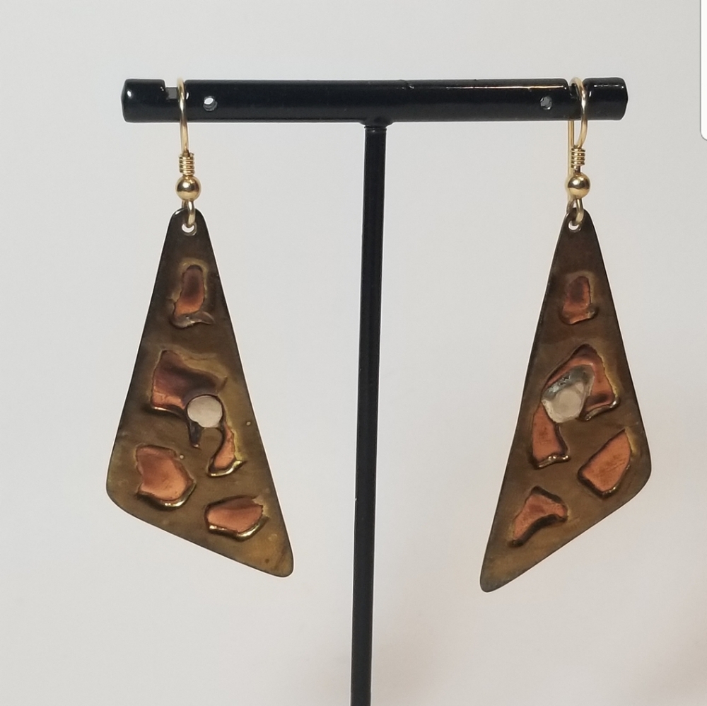 Mixed Metal Tri Tone Rectangular Dangle Earrings - image 1